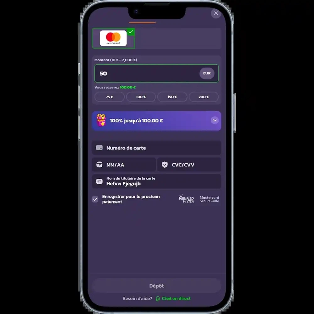 Dépôt par carte sur Coolzino depuis le mobile