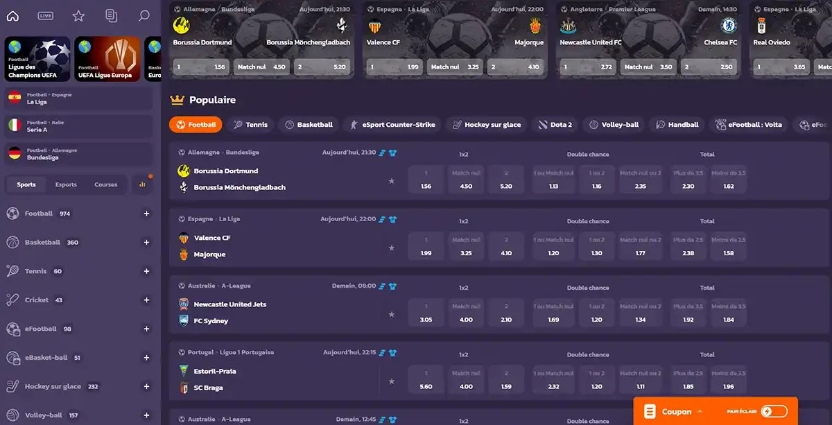 Paris sportifs sur Coolzino : football, matchs populaires